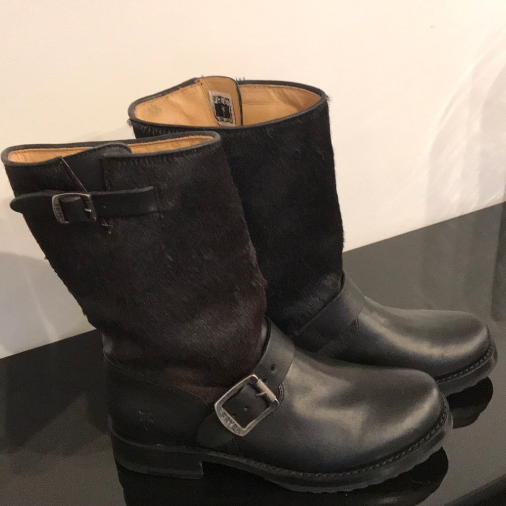 NEW FRYE CALF HAIR MOTO BOOTS